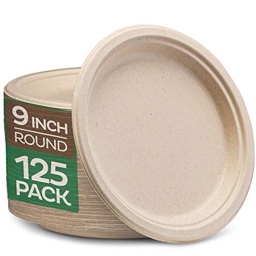 100% Compostable 9 Inch Paper Plates [125-Pack] Heavy-Duty