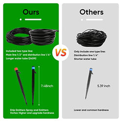 240FT Drip Irrigation System Kit, Automatic Garden Watering Misting System for Greenhouse, Yard, Lawn, Plant with 1/2 inch Hose 1/4 inch Distribution Tubing Drip Emitters Adjustable Misting Nozzle Barbed Fittings