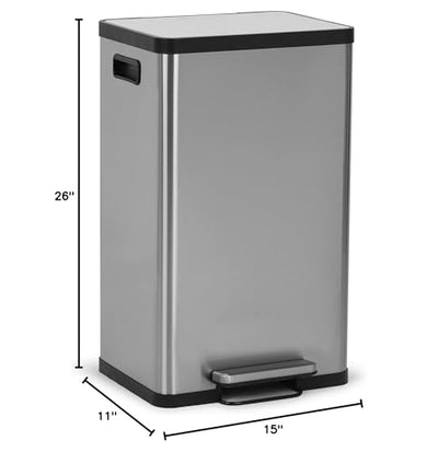 SIMPLI-MAGIC 50 Liter / 13.2 Gallon Soft-Close, Smudge Resistant Trash Can with Foot Pedal and Built in Filter- Stainless Steel, Sleek Finish