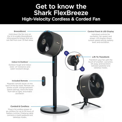 Shark FlexBreeze Fan - Indoor & outdoor oscillating fan, pedestal & tabletop, corded & cordless portable fan with outdoor InstaCool misting attachment - FA222
