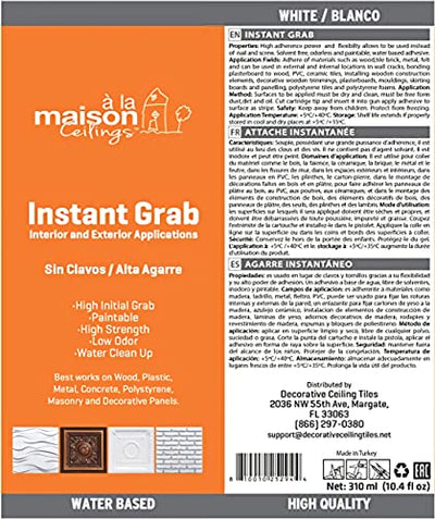 A la Maison Instant Grab - Ceiling Tile, Wall Panel & Crown Molding Adhesive - High-Strength, Water-Resistant Glue for Indoor/Outdoor Use - Easy-Apply, Quick-Bond Formula (6-Pack)