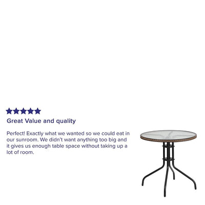 Flash Furniture Barker 28'' Round Tempered Glass Metal Table with Dark Brown Rattan Edging