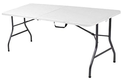Ontario Furniture 6 Foot Plastic Folding Table - Folds in Half with Carrying Handle Rectangular - Lightweight and Portable - White Resin with Sturdy Steel Frame