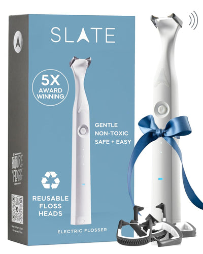 SLATE Electric Flosser | 3-in-1 Electric Flosser for Teeth w/ 3 Speeds - Dentist Invented | Eco Reusable Non-Toxic Floss, Tongue Scraper & Gum Stimulator | Power Flosser, Interdental Brush