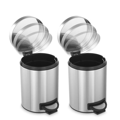 SIMPLYKLEEN Trash Can with Lid 2PC - Made in USA 5Liter/1.3 Gallon Stainless Steel Trash Can with Odor Protection Kitchen Garbage cans with Soft-Close Foot Pedal for Bathroom Home Office(2pc)