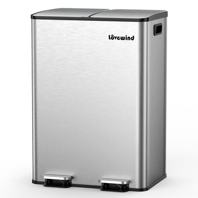 Lovewind Kitchen Trash Can, 2 x 8 Gallon (2 x 30 L) Stainless Steel Trash and Recycle Bin Combo with Soft-Close Lid, Dual Compartment Recycling Kitchen Step Trash Bin, Silver