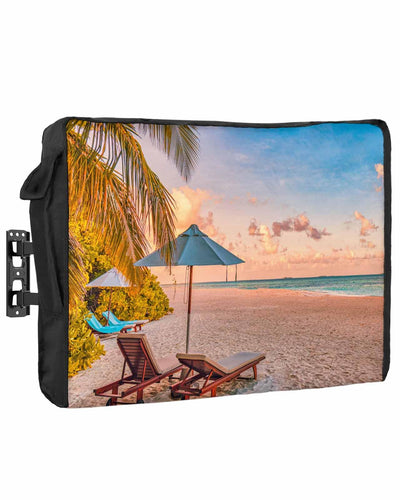 Coastal Beach, Outdoor TV Cover 60-65 Inch Weatherproof, Oxford Heavy Duty Waterproof Outside Flat Screen TV Cover Protector for Television Outdoor Accessories Summer Tropical Plants Sea Sky Landscape