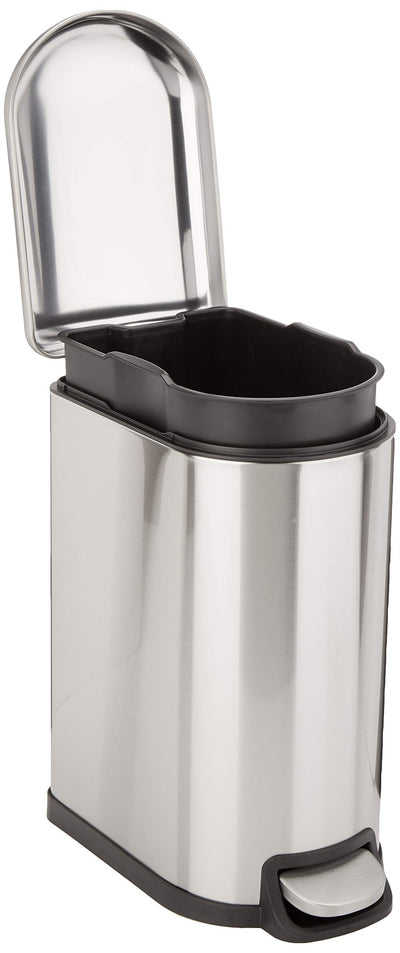 Amazon Basics D-Shaped Small Trash Can with Lid and Soft-Close Foot Pedal for Bathroom, Bedroom, Living Room, Office, Smudge Resistant, 10 l / 2.6 gallon, Silver