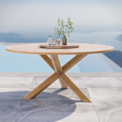 Modway Wellspring Outdoor Patio Round Teak Wood 63" Dining Table in Natural