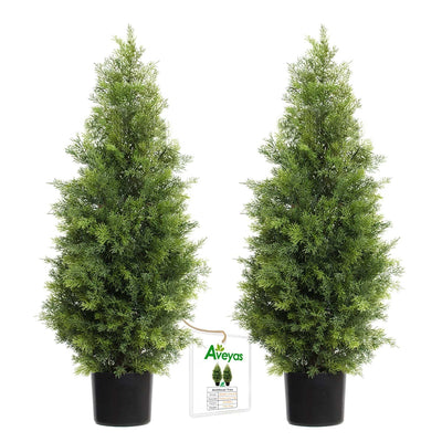 Aveyas 3ft Artificial Cedar Topiary Trees for Outdoor Front Porch Door, 3 Feet Faux Potted Plants Evergreen Fake Pine Cypress Tree for Outside Home Decor (3 ft Tall) - Set of 2 Pack