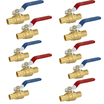 Hourleey 10 Pieces 3/4 Inch Pex Brass Full Port Shut Off Ball Valve Hot and Cold, Quarter Turn HOT (RED) COLD (BLUE) of Brass Water Stop Shut Off, 1 Piece Each