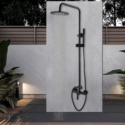 Focitland Matte Black Exposed Shower System 8 Inch Rainfall Shower Head Wall Mounted Outdoor Shower Fixtures Stainless Steel Bathroom Shower Set