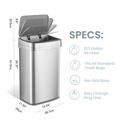 Ninestars Nova Series 13 Gallon Odor Elimating Automatic Kitchen Trash Can Automatic Odor Control Motion Sensor Garbage Bin, 50 Liter Smart Opening Stainless Steel, Silver