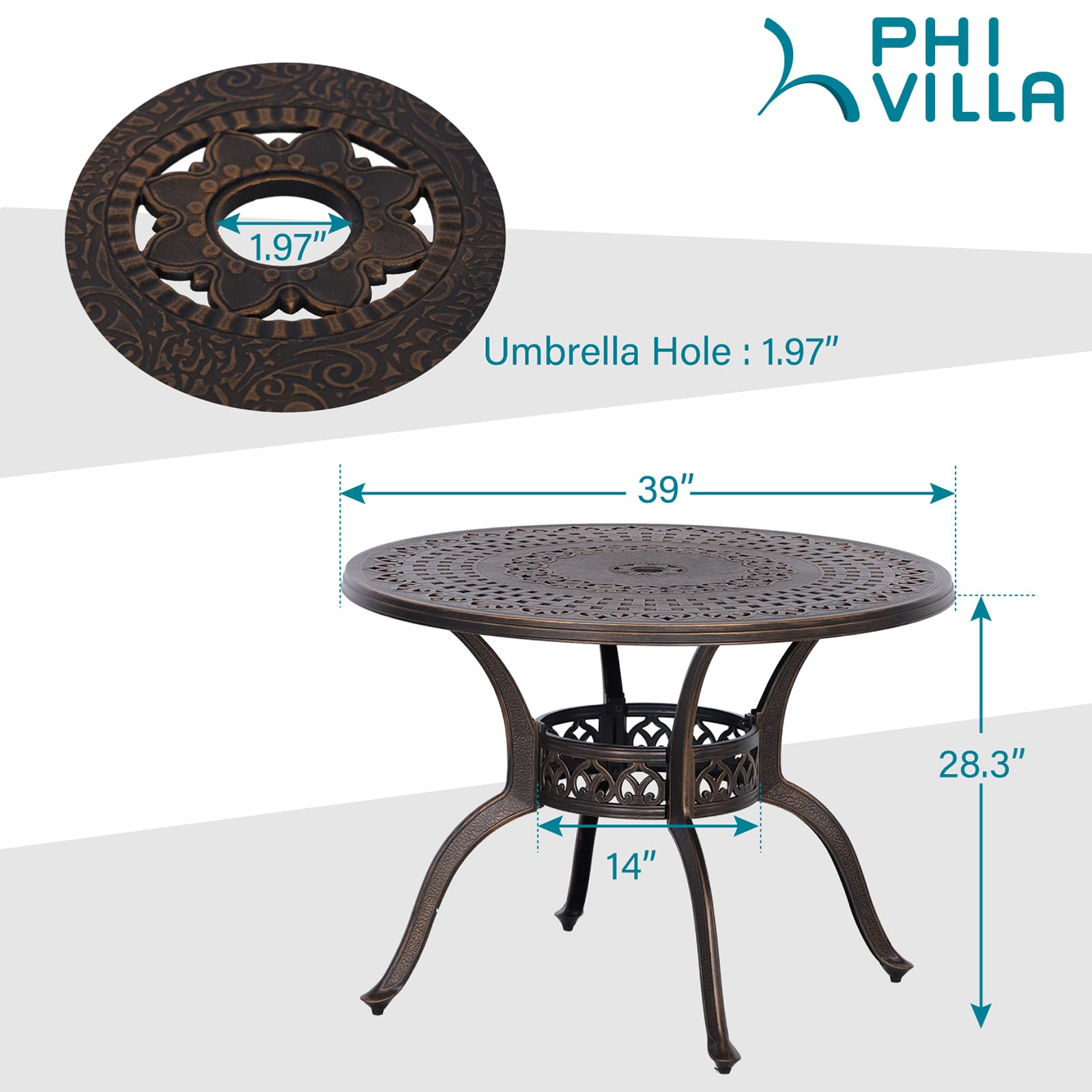 PHI VILLA 39 Inch Cast Aluminum Patio Bistro Dining Table, Round Outdo ...