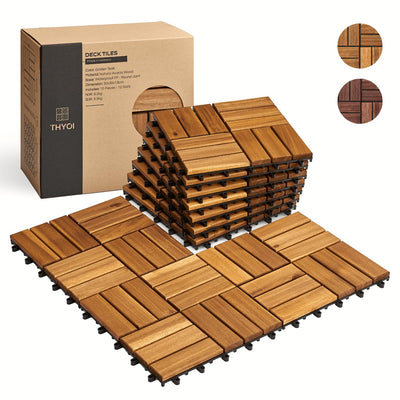 10 Pcs Interlocking Deck Tiles 12" x 12", Patio Flooring Outdoor Waterproof, Acacia Wood Decking All Weather, Floor Tiles for Balcony, Backyard, Indoor and Outdoor Use (Golden Teak)