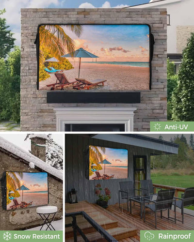 Coastal Beach, Outdoor TV Cover 60-65 Inch Weatherproof, Oxford Heavy Duty Waterproof Outside Flat Screen TV Cover Protector for Television Outdoor Accessories Summer Tropical Plants Sea Sky Landscape