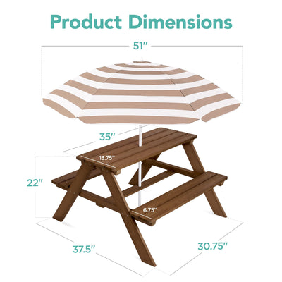 Best Choice Products Kids Wooden Picnic Table, Outdoor Activity & Dining Table w/Adjustable Collapsible Umbrella, Built-in Seats - Walnut/Beige