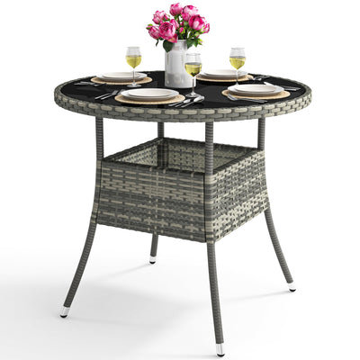 YITAHOME 31.5" Patio Table for 4-Person, Outdoor Patio Wicker Round Dining Table, All-Weather Rattan Bistro Dining Table w/Glass Tabletop for Backyard Deck Porch Poolside, Gray