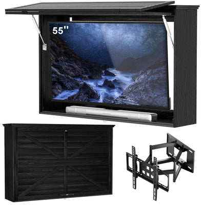 GDLF Outdoor TV Enclosure, 55 Inch Solid Wood Weatherproof TV Cover with Premium Dual-Arm TV Mount (Fits 44-55" Television), Black