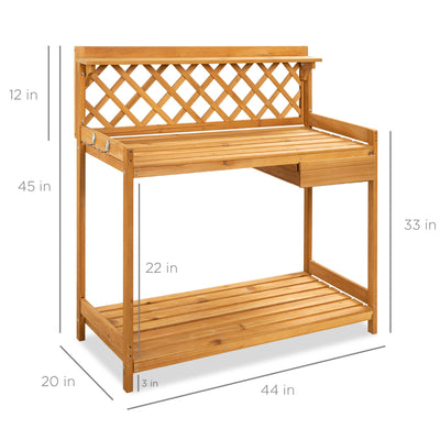 Best Choice Products Outdoor Garden Potting Bench, Wooden Workstation Table w/Cabinet Drawer, Open Shelf, Lower Storage, Lattice Back - Natural