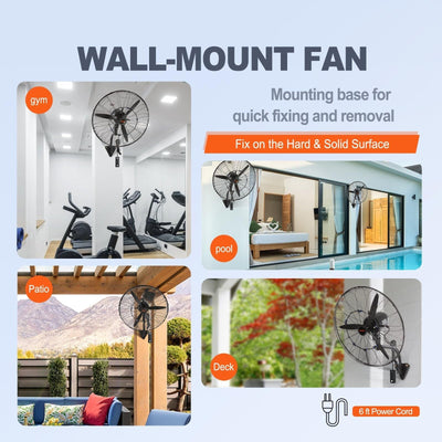 VEVOR 24 Inch 3-Speed 7000 CFM Black Waterproof Wall Mount Oscillating Fan