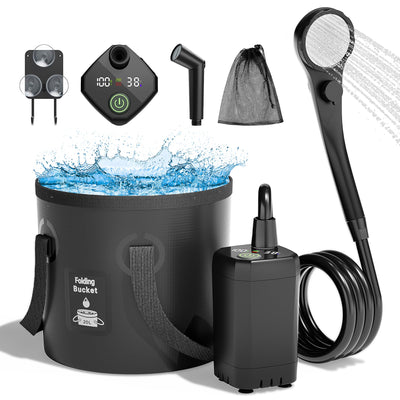Moriko Portable Camping Shower, 6000mAh Rechargeable Shower Pump, Filtered Shower Head & 5 Gallons Foldable Bucket, Outdoor Shower for Hiking Beach, Travel, Pet Bath, Car Washing, Surf & Boat Cleaning