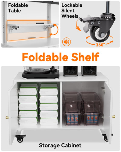 Entertainment Center with TV Mount,Rolling TV Stand with Storage Suitable for 32-75in Screen,Tall TV Stand on Wheels with Foldable Table,Height Adjustable Mobile TV Stand for Outdoor and Living Room