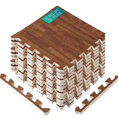 Yes4All 12SQ.FT Wood Grain Puzzle Exercise Mat Protective Flooring, EVA Interlocking Foam Floor Tiles with Border for Home