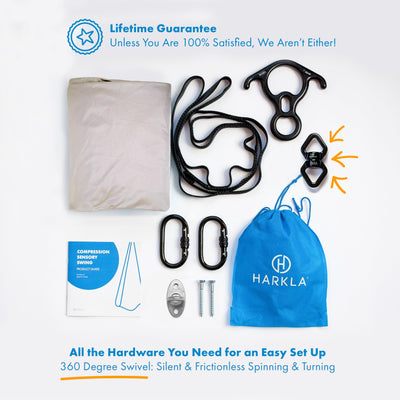 Harkla Sensory Swing for Kids & Adults - Holds 300lbs, Indoor Outdoor Sensory Swing for Hug like Calming Effect - Double Layered Soft Fabric and Heavy Duty Hardware (Grey, 110" Swing Swivel)