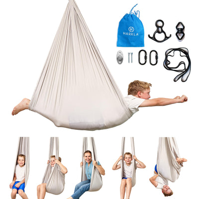 Harkla Sensory Swing for Kids & Adults - Holds 300lbs, Indoor Outdoor Sensory Swing for Hug like Calming Effect - Double Layered Soft Fabric and Heavy Duty Hardware (Grey, 110" Swing Swivel)
