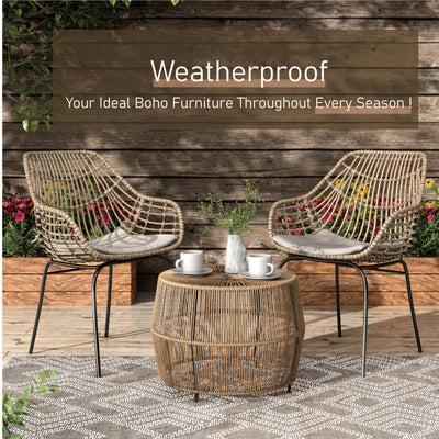 Muse & Lounge Co. Ysar Boho Rattan Round Coffee Table Outdoor with Metal Frame, All-Weather and Rust Resistant, Handcrafted Coastal Furniture for Patio, Poolside, Garden, Yard, Natural Brown