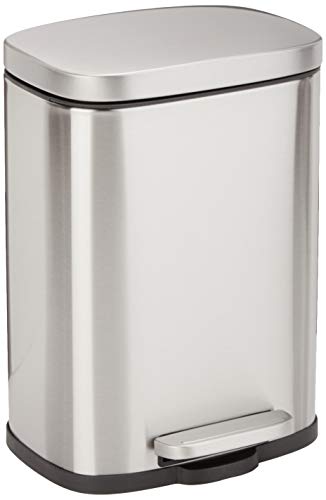 Amazon Basics 5 Liter / 1.3 Gallon Soft-Close, Smudge Resistant Small Trash Can with Foot Pedal - Brushed Stainless Steel, Satin Nickel Finish