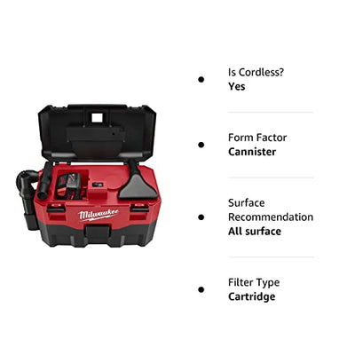 Milwaukee 0880-20 18V Cordless Lithium-Ion 2 Gallon Wet/Dry Vacuum (Bare Tool)