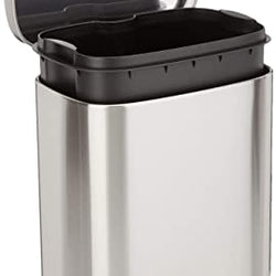 Amazon Basics Smude Resistant Small Rectangular Trash Can With Soft-Close Foot Pedal, Brushed Stainless Steel, 12 Liter/3.1 Gallon, Satin Nickel Finish