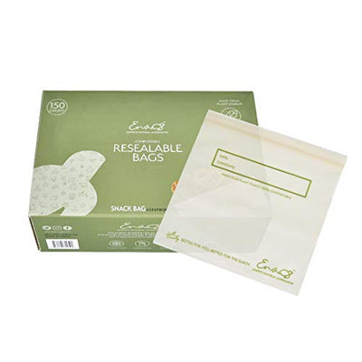 100% Compostable Food Storage Bags [Snack, Sandwich 150 Pack] Eco-Friendly Freezer Bags, Resealable Bags, Heavy-Duty, Reusable, by Earth's Natural Alternative, off white