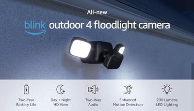 All-New Blink Outdoor 4 Floodlight Camera – Wire-free smart security camera, 700 lumens, two-year battery life, HD live view, enhanced motion detection, Works with Alexa- 1 camera system