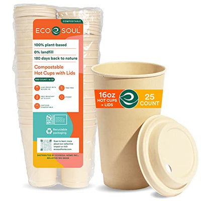 ECO SOUL 100% Compostable plant-starch 16oz hot cups compostable lids | Disposable Bagasse Paper Cups | Eco-friendly Hot Cups | Sturdy, Microwave & Oven Safe |(25 Count, 16 oz Hot Cups)