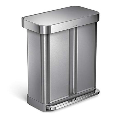 simplehuman 58 Liter / 15.3 Gallon Rectangular Hands-Free Dual Compartment Recycling Kitchen Step Trash Can with Soft-Close Lid, Brushed Stainless Steel