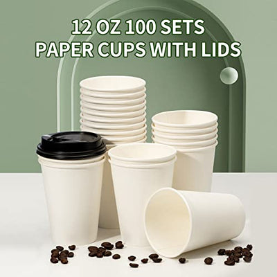 RACETOP Disposable Coffee Cups with Lids 12 oz 100 pack, 12 oz Coffee Cups with Lids, Togo Coffee Cups with Lids (100 cups and 100 lids)