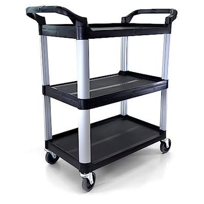 Commercial Heavy-Duty Utility Service Cart | 3 Shelf | | 450 Lbs Max Capacity | Rolling Utility Cart W 33" x H 37" x D 16" Black