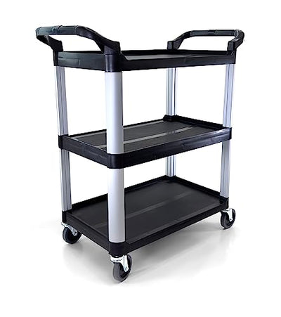 Commercial Heavy-Duty Utility Service Cart | 3 Shelf | | 450 Lbs Max Capacity | Rolling Utility Cart W 33" x H 37" x D 16" Black