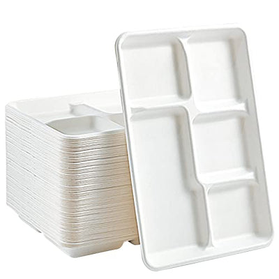 Enviro Safe Home Compostable Disposable Plates 5 Compartments - 50 Pack -  Eco Friendly Bamboo Plates Heavy Duty, Biodegradable, Microwavable, Oven