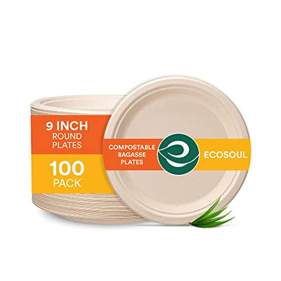 ECO SOUL 100% Compostable 9 Inch Paper Plates [100-Pack] Disposable Party Plates I Heavy Duty Eco-Friendly Dinner Plates Disposable I Biodegradable Unbleached Sugarcane Eco Plates