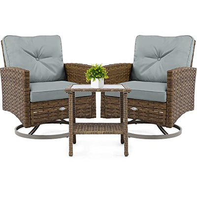 YITAHOME 3-Piece Patio Outdoor Wicker Bistro Rocking Furniture Conversation Chairs for Garden, Backyard and Balcony (Tan Chairs + Dark Gray Cushions)
