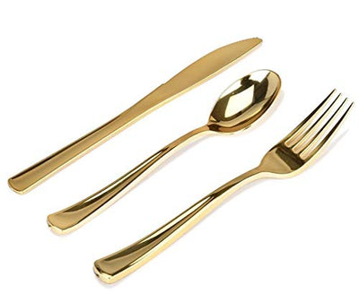 Gold Plastic Silverware Set (160 Bulk Pack) Disposable Cutlery Utensils, 80 Gold Forks, 40 Gold Knives, 40 Gold Spoons, Heavy Duty Flatware For Holidays, Parties, Dinners, Weddings, and Occasions