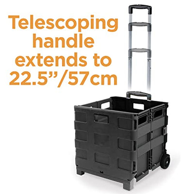 Inspired Living Collapsible Ultra-Slim Pack-N-Roll, 2 Wheel Utility Cart , With Telescopic Handle - Super Strong up to 80 Lbs Load Capacity, Black