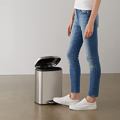 Amazon Basics Smude Resistant Small Rectangular Trash Can With Soft-Close Foot Pedal, Brushed Stainless Steel, 12 Liter/3.1 Gallon, Satin Nickel Finish