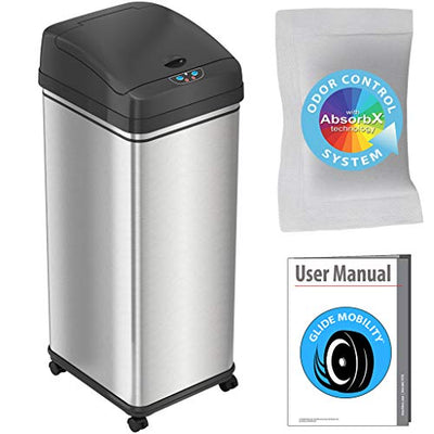iTouchless Rolling13 GallonSensor TrashCan with Odor Control System,Automatic Kitchen Bin and Office Garbage,Batteries (not included) or AC Adapter (sold separately),Stainless Steel With Caster Wheels