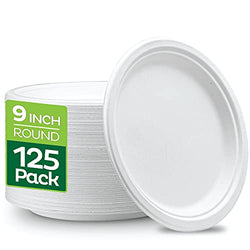 100% Compostable Disposable Paper Plates [125-Pack] - {PFAS-Free} - {BPI Certified} - [9 Inch] Heavy Duty, Eco-Friendly, Biodegradable Bagasse Dinner & Lunch Plates - Thick White 9" Plate by Stack Man