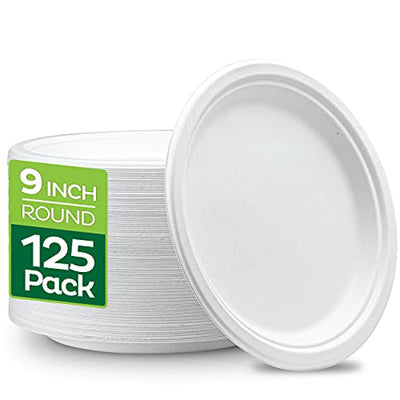 100% Compostable Disposable Paper Plates [125-Pack] - {PFAS-Free} - {BPI Certified} - [9 Inch] Heavy Duty, Eco-Friendly, Biodegradable Bagasse Dinner & Lunch Plates - Thick White 9" Plate by Stack Man